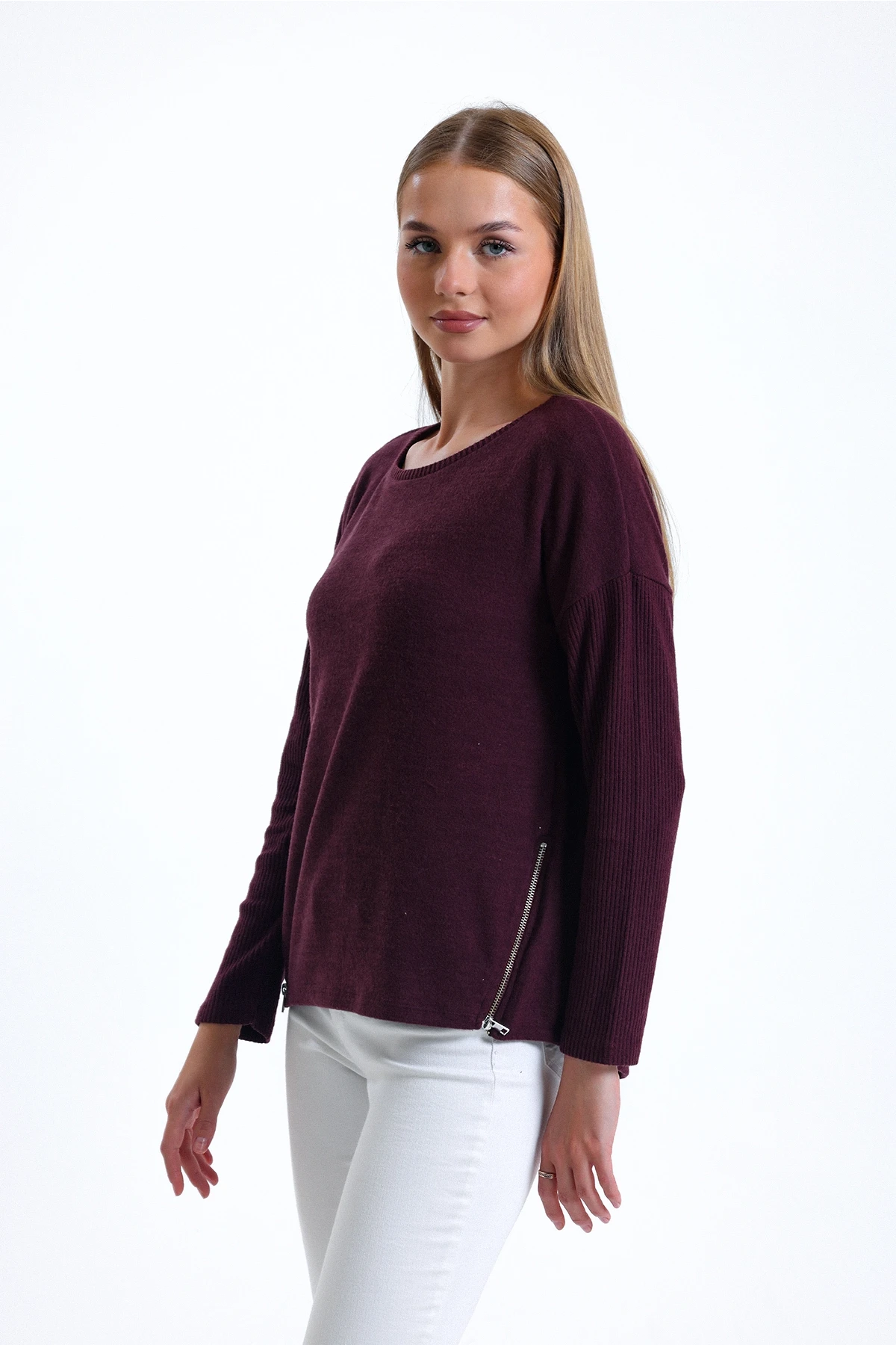 Yanları Fermuar Detaylı Bisiklet Yaka Uzun Kollu Mevsimlik Triko Bluz IZ435660