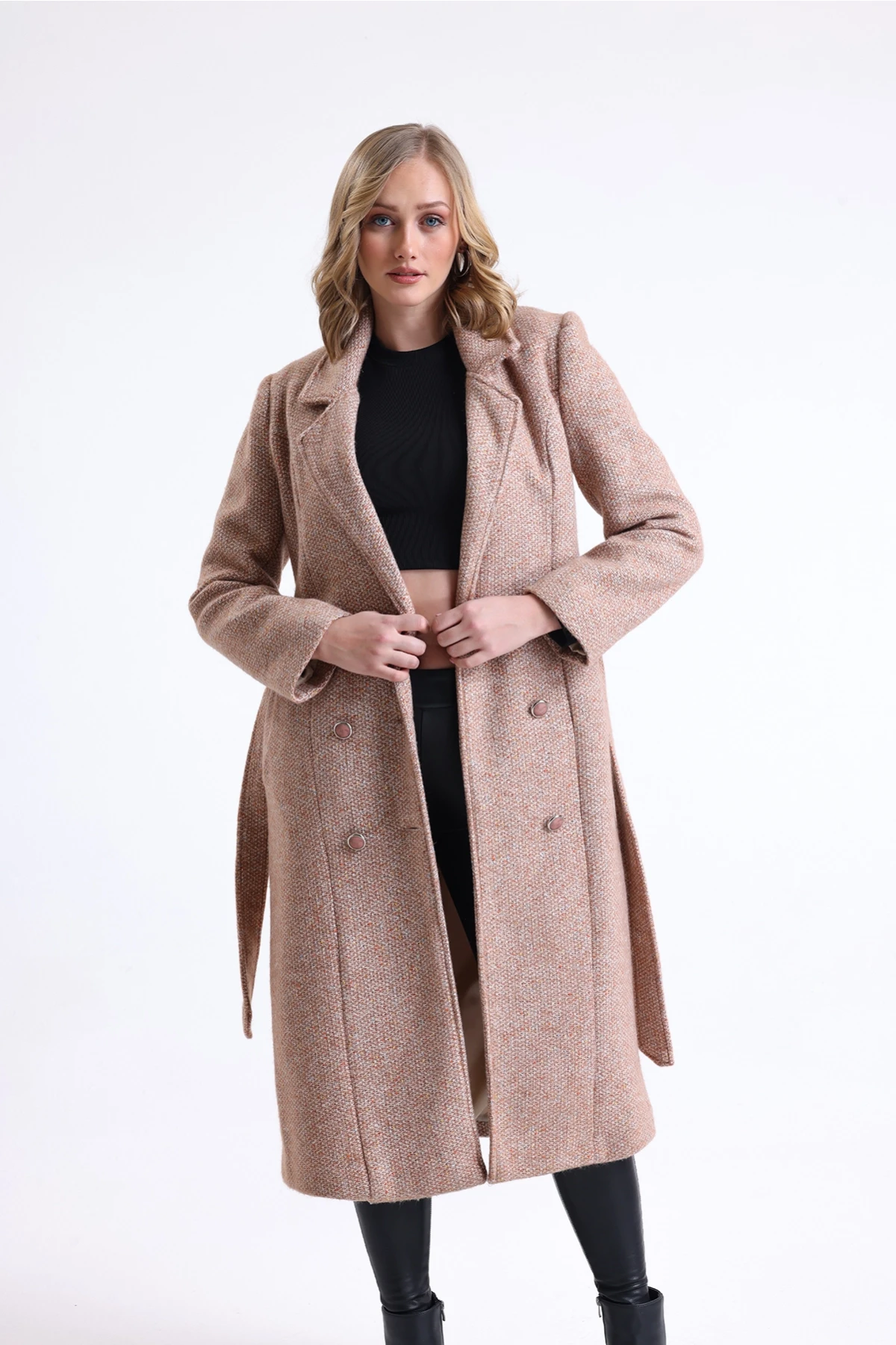 Midi Kesim Düğme Kapamalı Cepli Kuşaklı İçi Astarlı Kruvaze Kaban SU-38