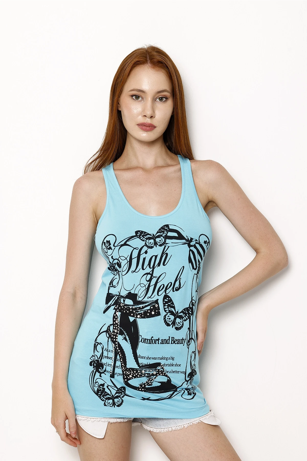 Halter Yaka Uzun Kesim Baskılı Kolsuz Bluz