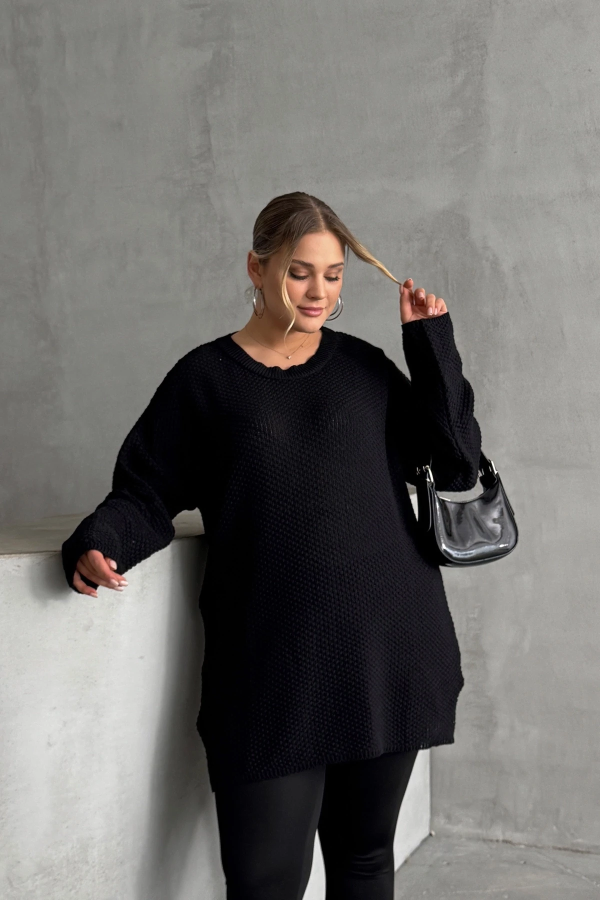 Büyük Beden Uzun Kollu Bisiklet Yaka İnce Triko Kazak 302141