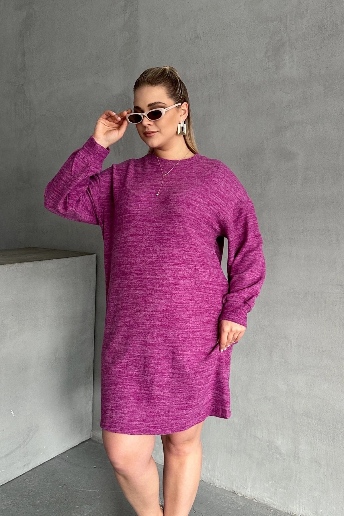 Büyük Beden Uzun Kollu Bisiklet Yaka Kırçıllı Elbise 84-162