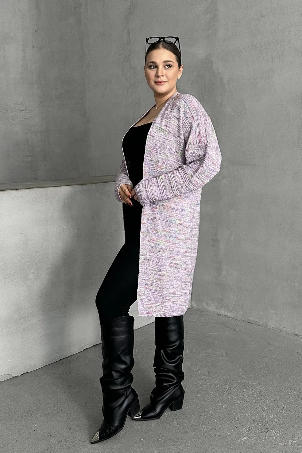 Büyük Beden Uzun Kollu Önü Kapamasız İnce Örme Hırka 302300