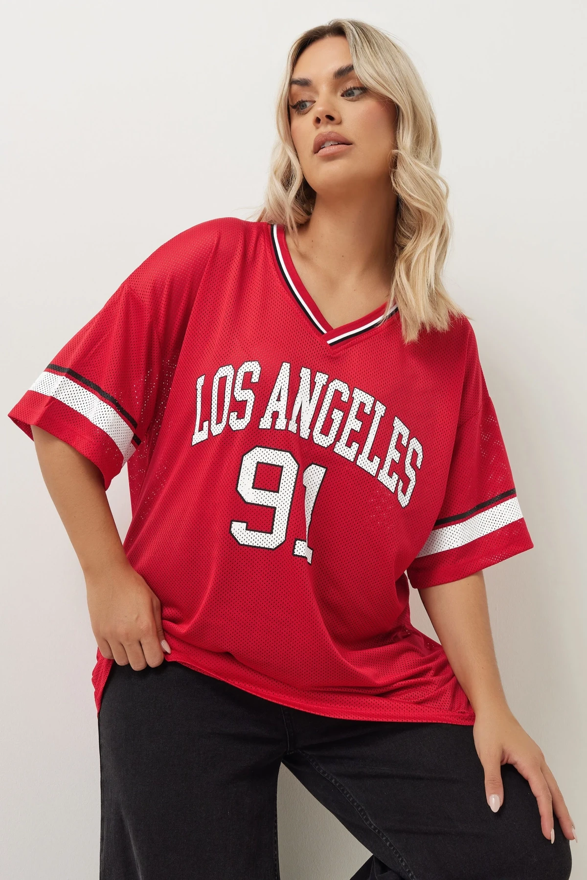 Büyük Beden V Yaka Kısa Kollu Baskılı File T-shirt 303494