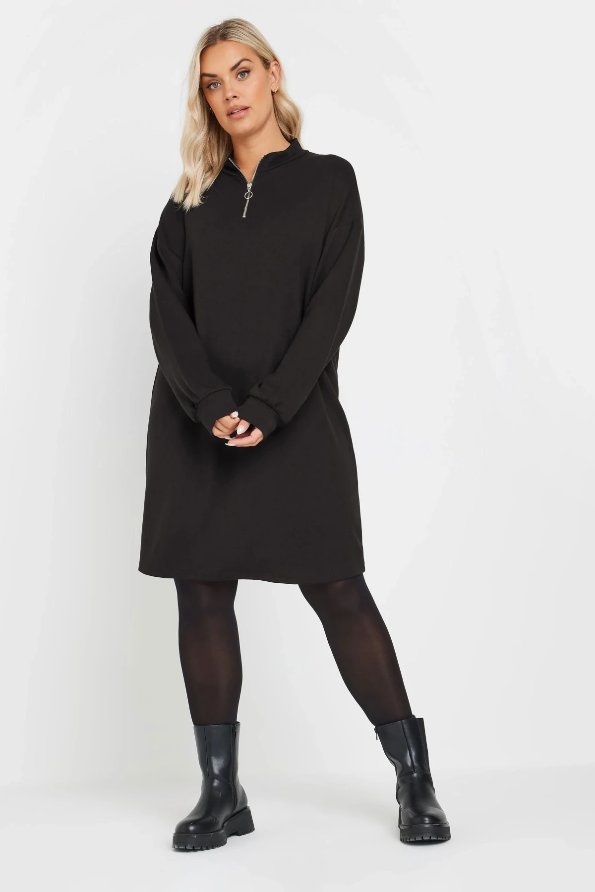 Büyük Beden Yumuşak Dokulu Uzun Kollu Yakası Fermuarlı Kısa Elbise 303760