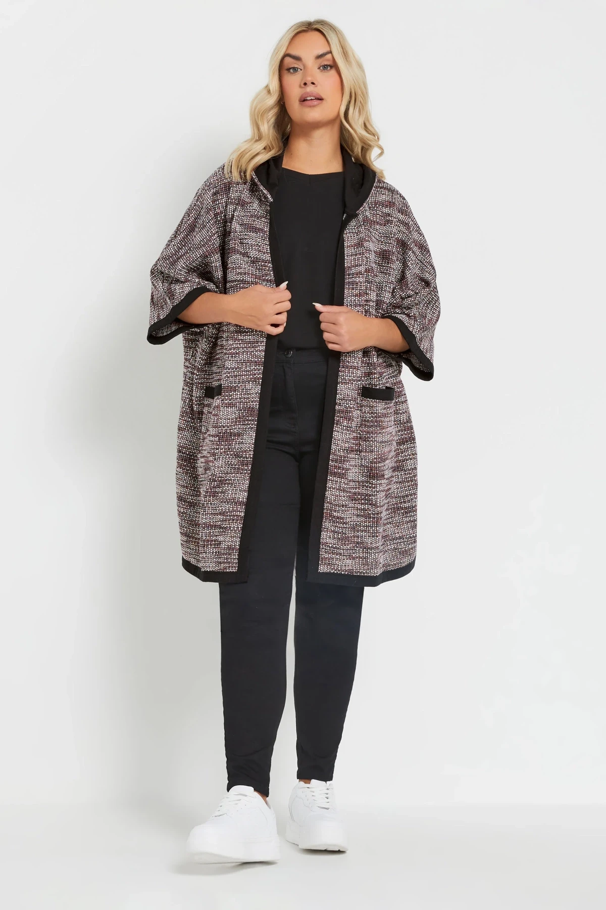 Büyük Beden Yumuşak Dokulu Yarım Kollu Cepli Kapüşonlu Hırka 301796