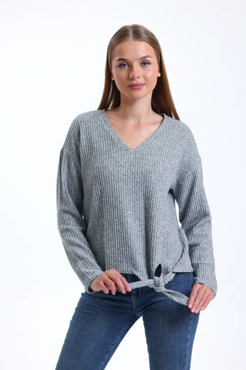 Yandan Bağlama Detaylı V Yaka Waffle Kumaş Uzun Kollu İnce Triko Bluz 12402748