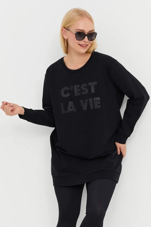 Önü Yazı ve Pul Baskılı Uzun Kol Bisiklet Yaka Siyah Sweatshirt IHR-23Y-IZ23BIG
