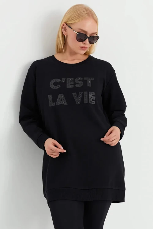 Önü Yazı ve Pul Baskılı Uzun Kol Bisiklet Yaka Siyah Sweatshirt IHR-23Y-IZ23BIG