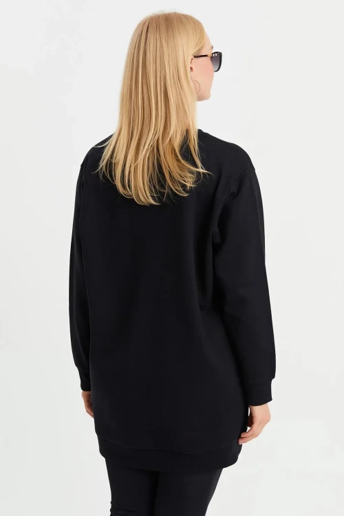Önü Yazı ve Pul Baskılı Uzun Kol Bisiklet Yaka Siyah Sweatshirt IHR-23Y-IZ23BIG