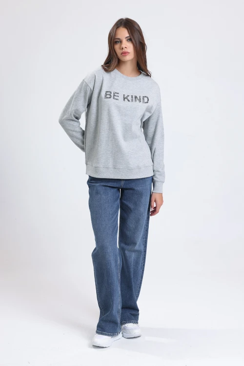 Yazı Baskılı Uzun Kollu Bisiklet Yaka Taş İşlemeli Sweatshirt IZ6489413