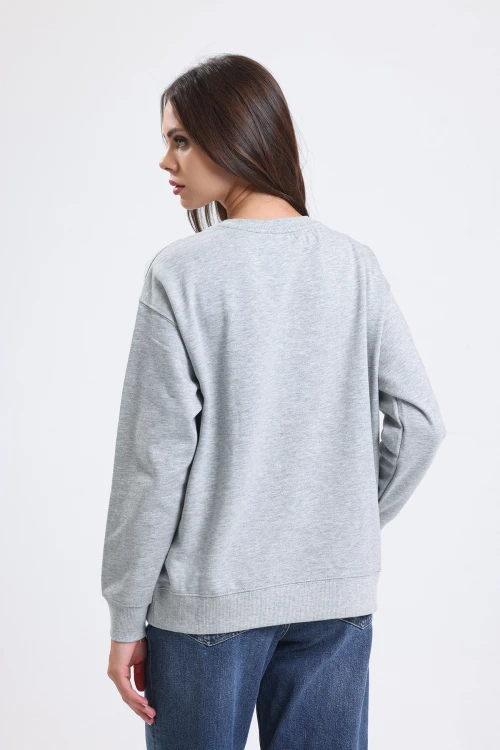 Yazı Baskılı Uzun Kollu Bisiklet Yaka Taş İşlemeli Sweatshirt IZ6489413