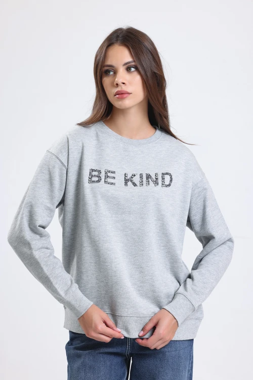 Yazı Baskılı Uzun Kollu Bisiklet Yaka Taş İşlemeli Sweatshirt IZ6489413