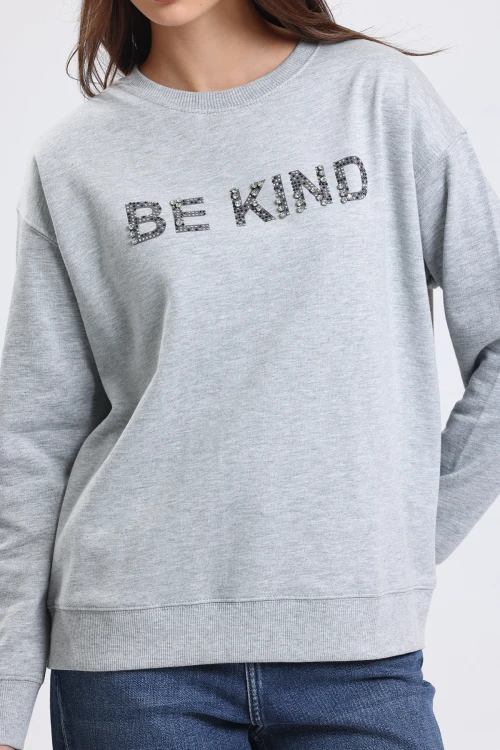 Yazı Baskılı Uzun Kollu Bisiklet Yaka Taş İşlemeli Sweatshirt IZ6489413