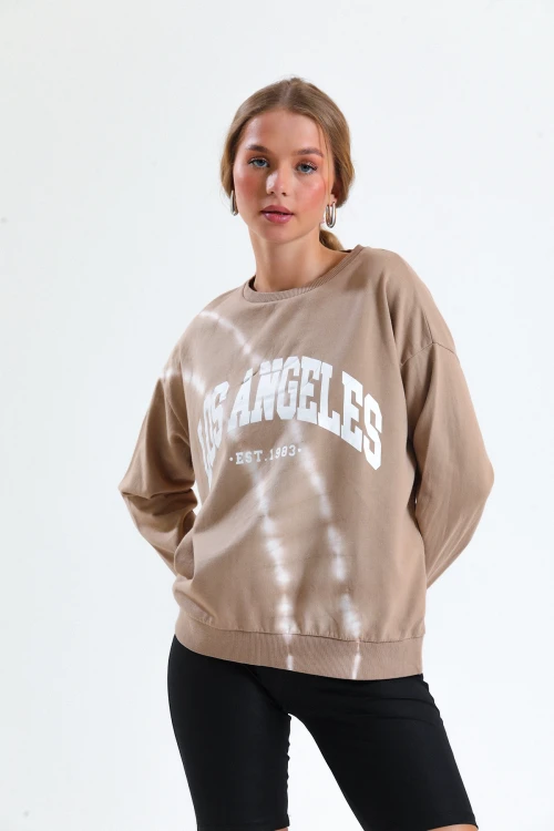 Bisiklet Yaka Yazı Baskılı Batik Desenli İnce Sweatshirt 1331