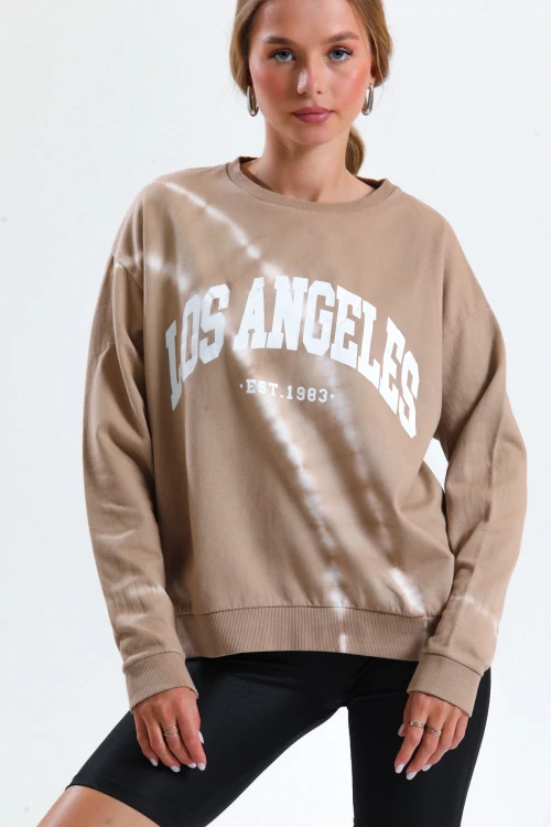 Bisiklet Yaka Yazı Baskılı Batik Desenli İnce Sweatshirt 1331