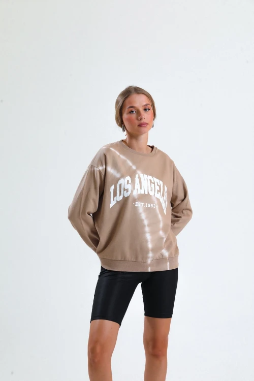 Bisiklet Yaka Yazı Baskılı Batik Desenli İnce Sweatshirt 1331