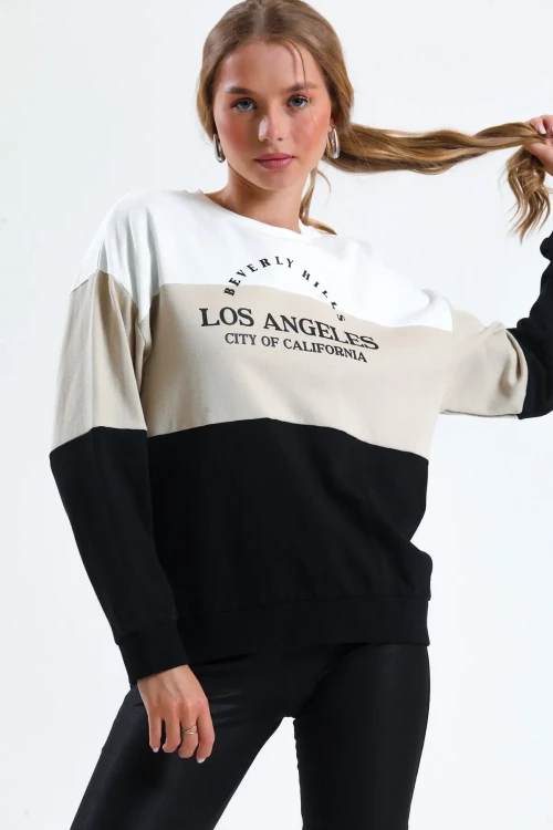 Bisiklet Yaka Yazı Baskılı Üç Renkli İnce Sweatshirt 6666