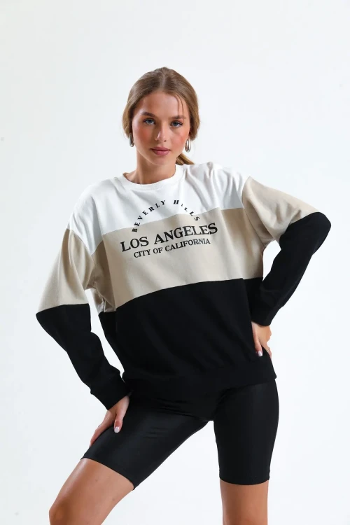 Bisiklet Yaka Yazı Baskılı Üç Renkli İnce Sweatshirt 6666