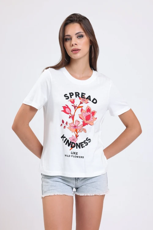 Bisiklet Yaka Önü Yazı Baskılı Yarım Kol Normal Kalıp T-shirt 1003