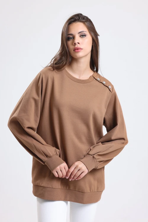 Bisiklet Yaka Omzu Düğme Detaylı Uzun Kollu Balon Kol Sweatshirt MSE11147
