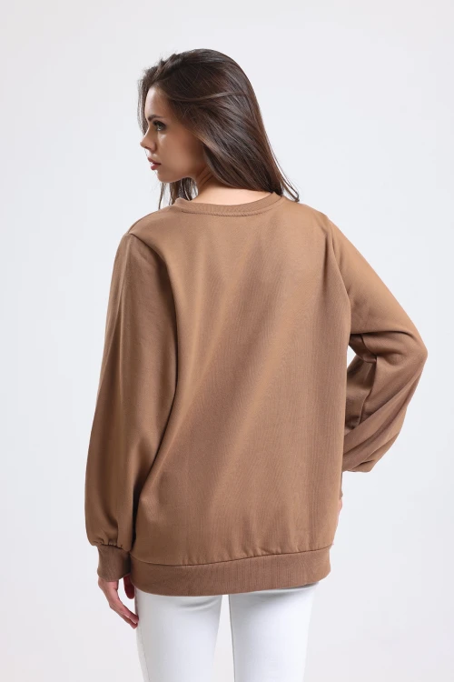 Bisiklet Yaka Omzu Düğme Detaylı Uzun Kollu Balon Kol Sweatshirt MSE11147