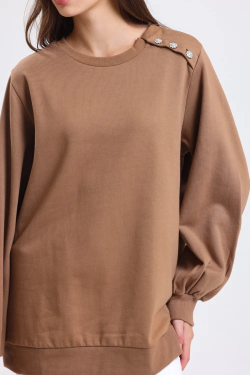 Bisiklet Yaka Omzu Düğme Detaylı Uzun Kollu Balon Kol Sweatshirt MSE11147