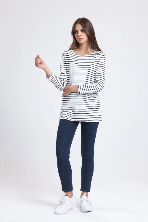 Geniş Bisiklet Yaka Uzun Kollu Çizgili Uzun Kesim Bluz IHR-23Y-12113100