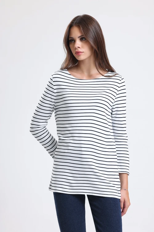 Geniş Bisiklet Yaka Uzun Kollu Çizgili Uzun Kesim Bluz IHR-23Y-12113100