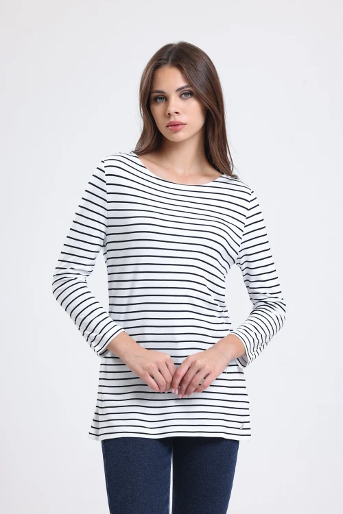 Geniş Bisiklet Yaka Uzun Kollu Çizgili Uzun Kesim Bluz IHR-23Y-12113100