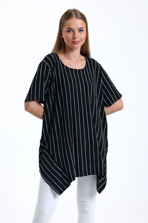 Bol Kalıp Asimetrik Kesim Bisiklet Yaka Yarım Kol Çizgili İnce Bluz IHR-23Y-10905178