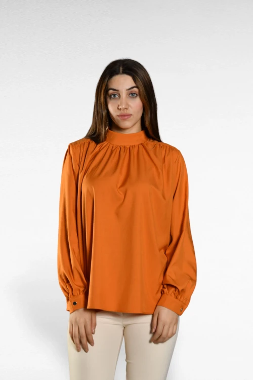 Bol Kalıp Saten Görünümlü Uzun Kollu Boğazlı Bluz SBD-DIOR-302