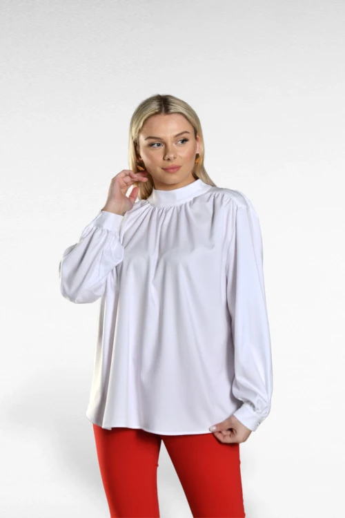Bol Kalıp Saten Görünümlü Uzun Kollu Boğazlı Bluz SBD-DIOR-302