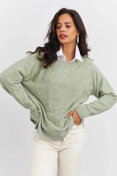 Boncuk İşlemeli Bisiklet Yaka Uzun Kollu Yumuşak Dokulu Örme Sweatshirt IZ6505