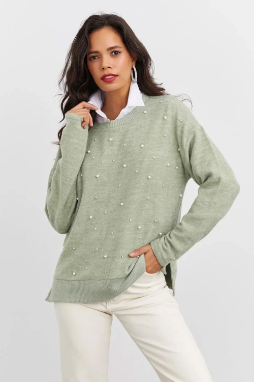 Boncuk İşlemeli Bisiklet Yaka Uzun Kollu Yumuşak Dokulu Örme Sweatshirt IZ6505
