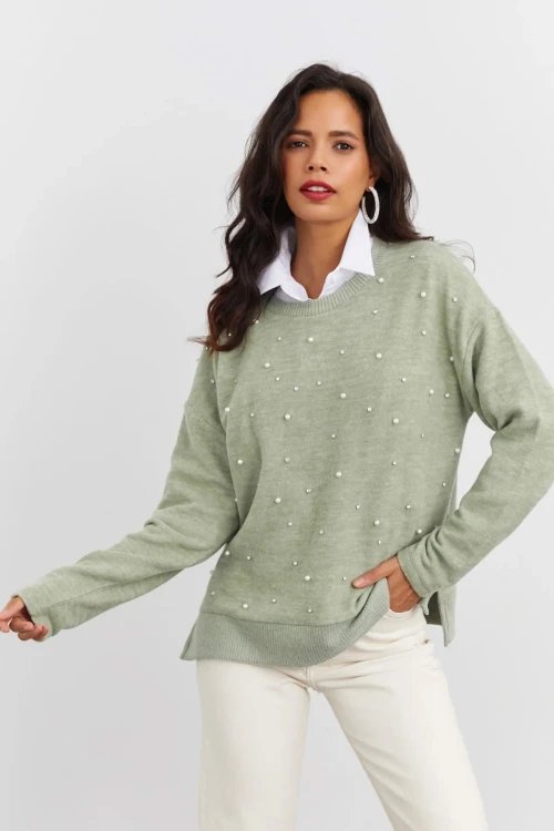 Boncuk İşlemeli Bisiklet Yaka Uzun Kollu Yumuşak Dokulu Örme Sweatshirt IZ6505