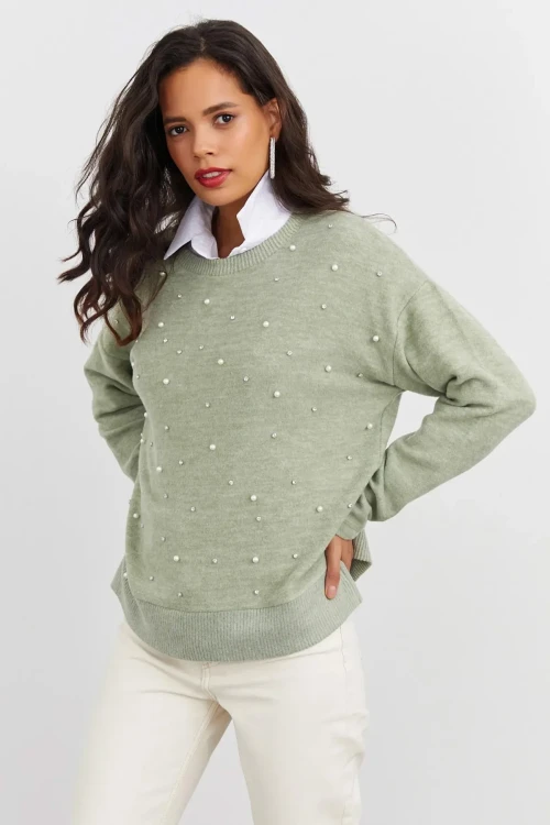 Boncuk İşlemeli Bisiklet Yaka Uzun Kollu Yumuşak Dokulu Örme Sweatshirt IZ6505