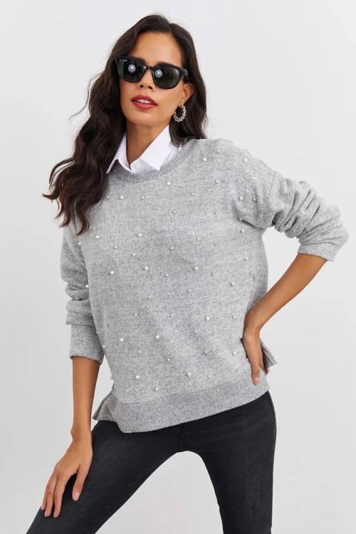 Boncuk İşlemeli Bisiklet Yaka Uzun Kollu Yumuşak Dokulu Örme Sweatshirt IZ6505