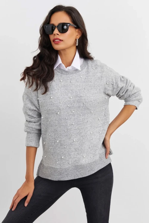 Boncuk İşlemeli Bisiklet Yaka Uzun Kollu Yumuşak Dokulu Örme Sweatshirt IZ6505