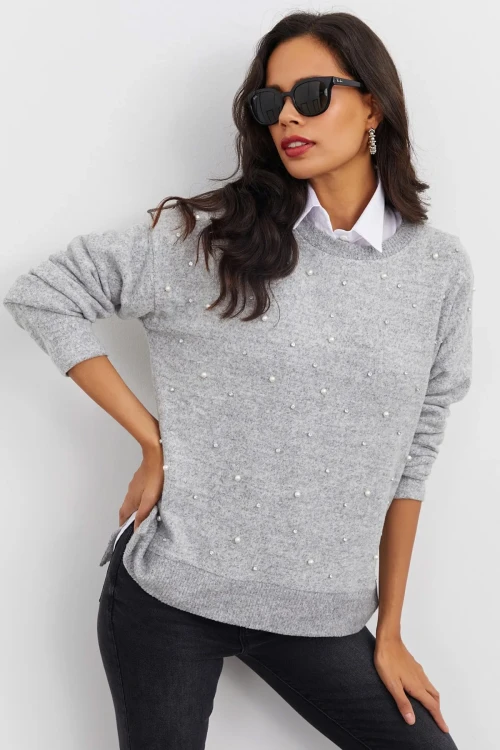 Boncuk İşlemeli Bisiklet Yaka Uzun Kollu Yumuşak Dokulu Örme Sweatshirt IZ6505