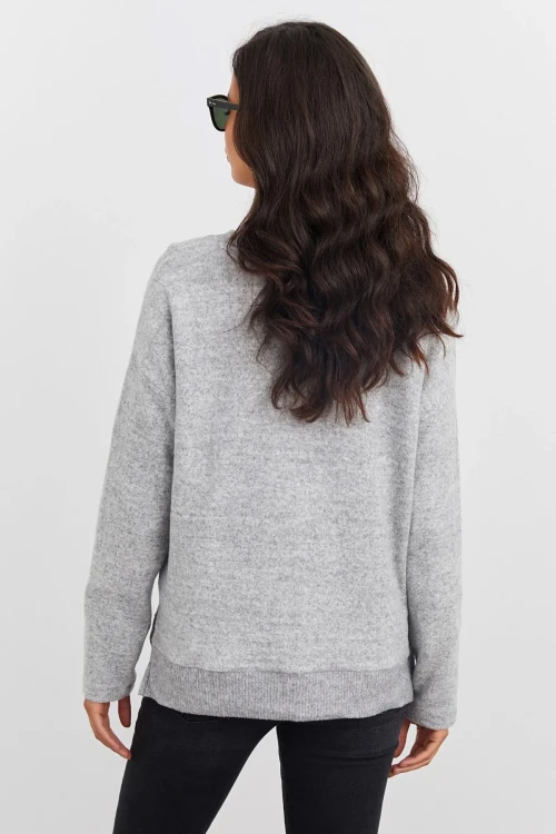 Boncuk İşlemeli Bisiklet Yaka Uzun Kollu Yumuşak Dokulu Örme Sweatshirt IZ6505