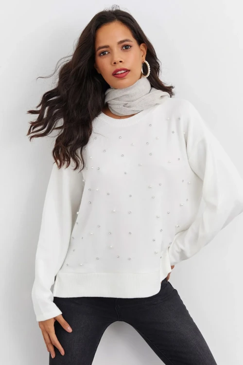 Boncuk İşlemeli Bisiklet Yaka Uzun Kollu Yumuşak Dokulu Örme Sweatshirt IZ6505