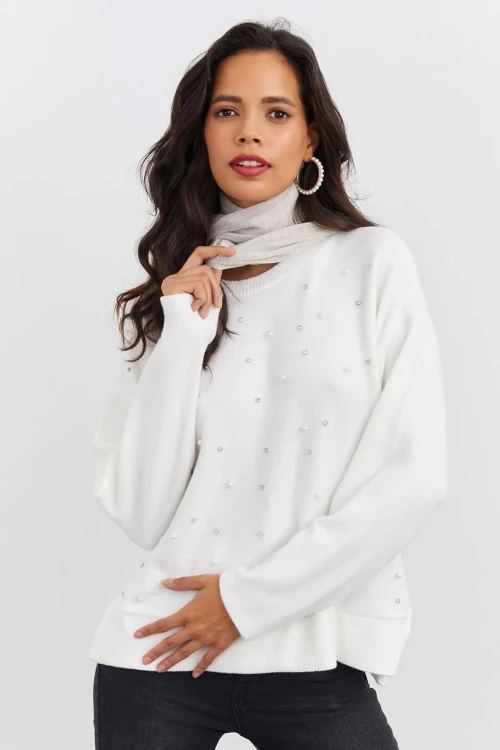Boncuk İşlemeli Bisiklet Yaka Uzun Kollu Yumuşak Dokulu Örme Sweatshirt IZ6505