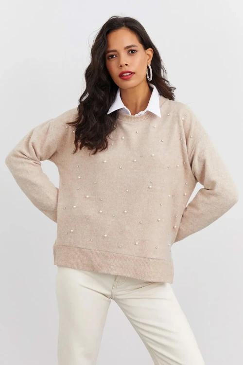 Boncuk İşlemeli Bisiklet Yaka Uzun Kollu Yumuşak Dokulu Örme Sweatshirt IZ6505