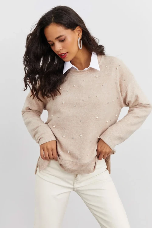 Boncuk İşlemeli Bisiklet Yaka Uzun Kollu Yumuşak Dokulu Örme Sweatshirt IZ6505