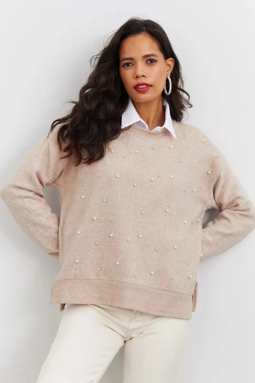 Boncuk İşlemeli Bisiklet Yaka Uzun Kollu Yumuşak Dokulu Örme Sweatshirt IZ6505
