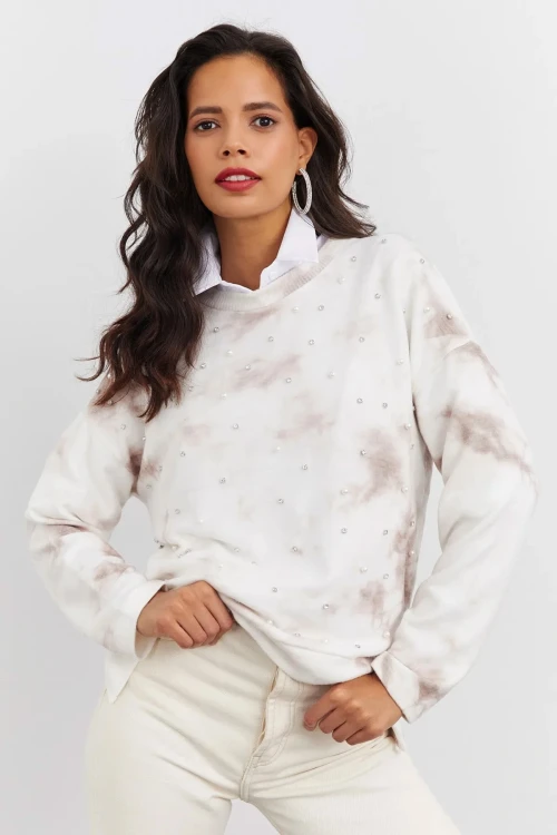 Boncuk İşlemeli Bisiklet Yaka Uzun Kollu Yumuşak Dokulu Örme Sweatshirt IZ6505