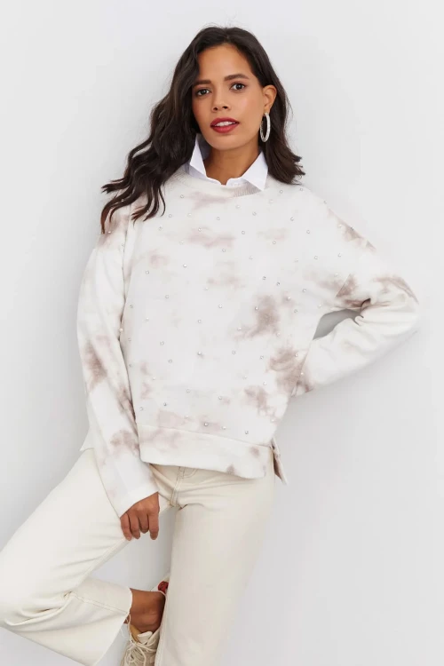 Boncuk İşlemeli Bisiklet Yaka Uzun Kollu Yumuşak Dokulu Örme Sweatshirt IZ6505