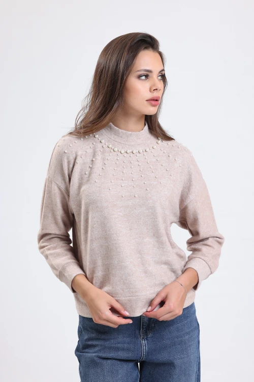 Yakası Boncuk İşlemeli Yarım Balıkçı Yaka Uzun Kollu Polar Sweatshirt