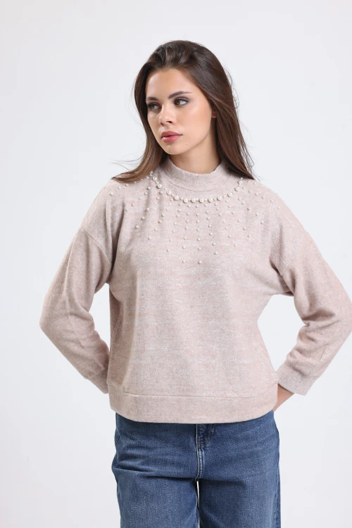 Yakası Boncuk İşlemeli Yarım Balıkçı Yaka Uzun Kollu Polar Sweatshirt