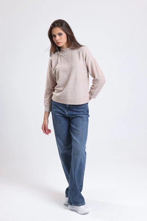 Yakası Boncuk İşlemeli Yarım Balıkçı Yaka Uzun Kollu Polar Sweatshirt